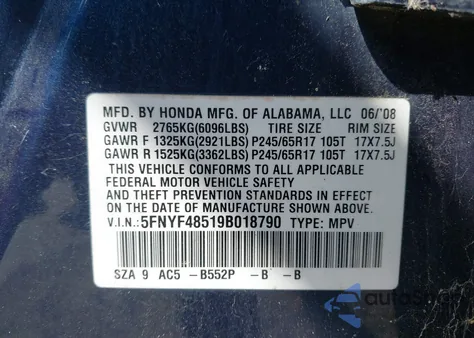 2009 Honda Pilot Ex-L from USA, damaged, VIN 5FNYF48519B018790